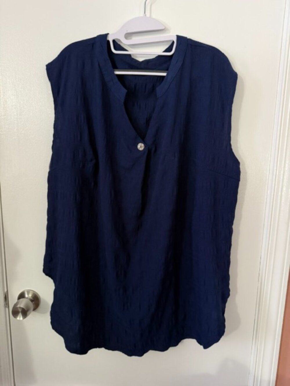 Navy Blue Textured Sleeveless Blouse V-Neck Top Plus Size 4XL